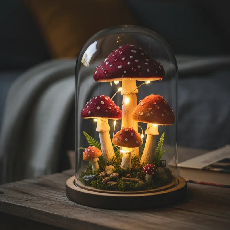 Glass dome lamp with glowing clay mushrooms on a mossy base sitting on a wooden side table in a cozy cottage core room