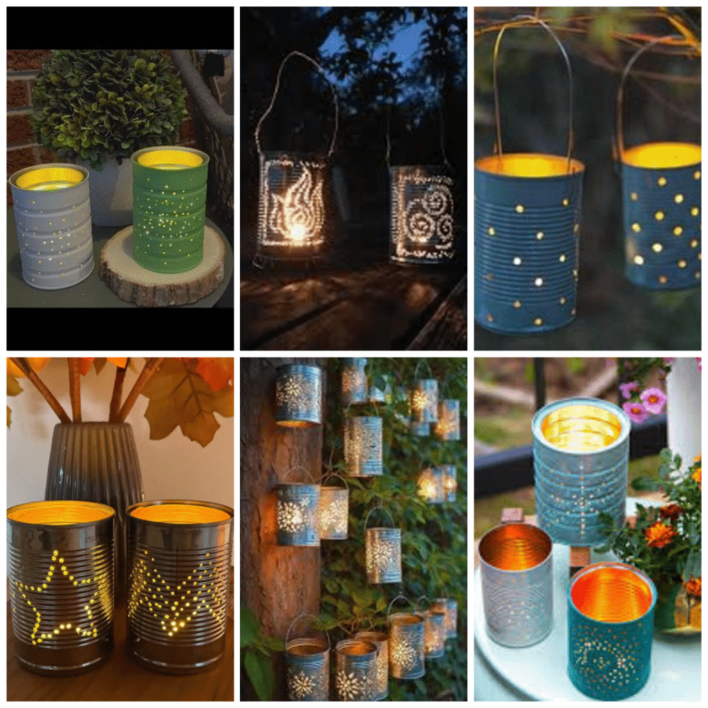 Collage of upcycled tin can lanterns in different colors and punched patterns displayed on tables, hanging from trees, and glowing along a garden