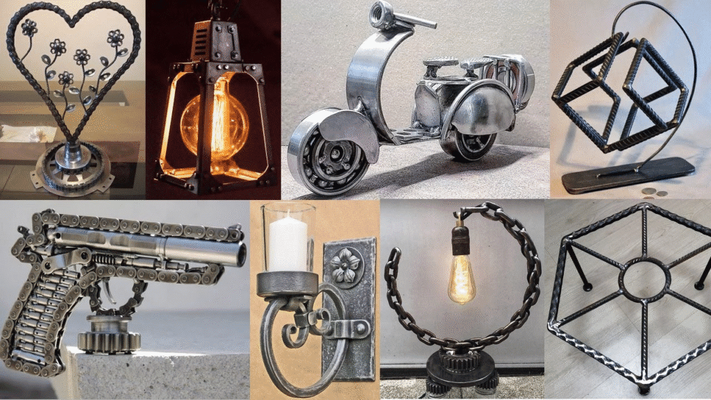 Collage of industrial style DIY metal art made from chains, gears, and scrap parts including a heart sculpture, lanterns, scooter figurine, geometric sculpture, chain gun model, candle sconce, chain lamp, and square table base