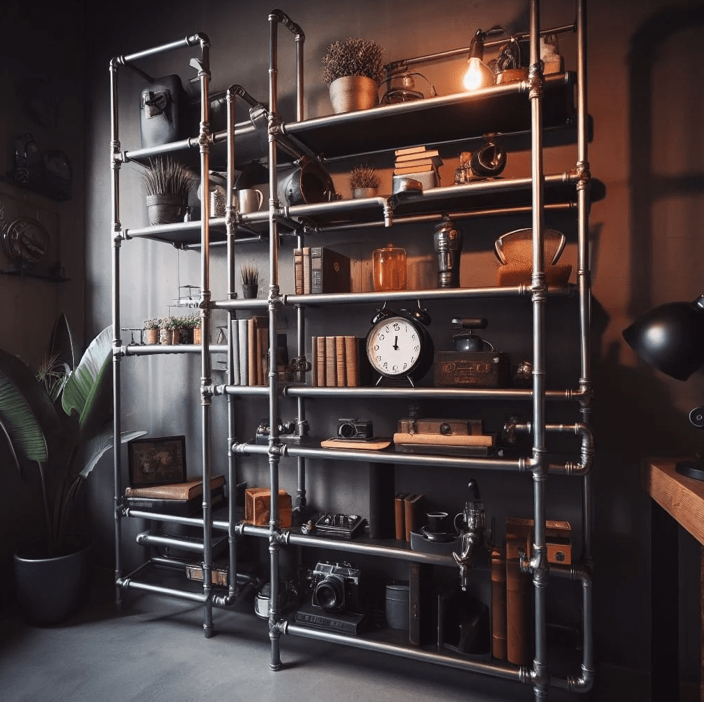 Tall wall of open shelving made from metal pipes and wood planks, styled with books, plants, vintage cameras, and industrial decor in a modern loft room