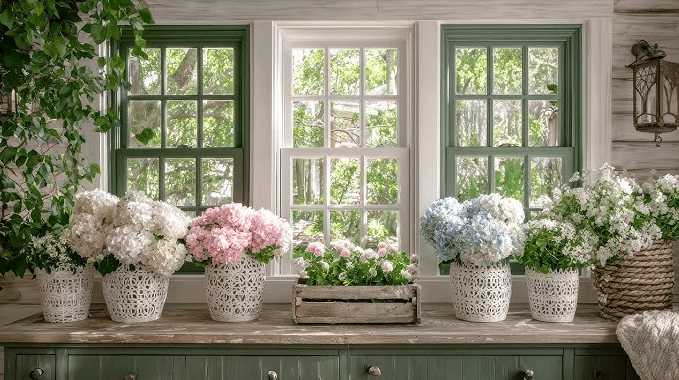 Vintage green framed windows above a long wooden counter lined with white lace style pots and a rustic crate filled with blooming hydrangeas and garden flowers