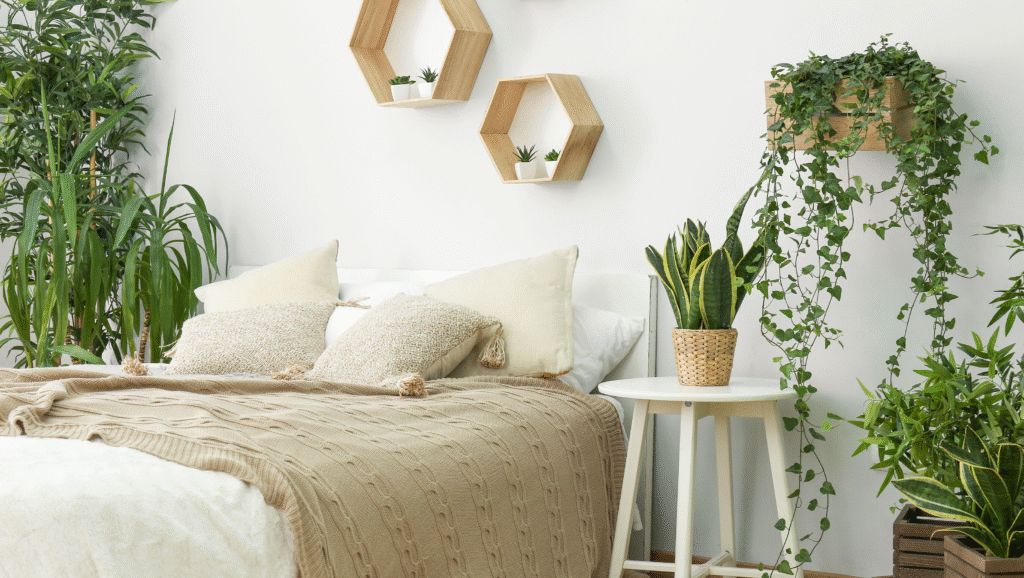 Bright minimalist bedroom with beige knit blanket, neutral pillows, and lush potted plants including trailing ivy, snake plant, and tall floor greenery around a white bed
