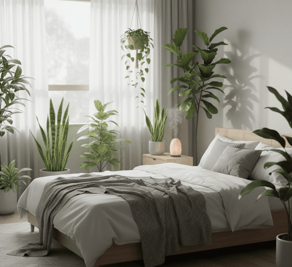 Serene bedroom with light wood bed, white bedding, and layered houseplants around the windows, nightstand, and floor creating a calm, airy space