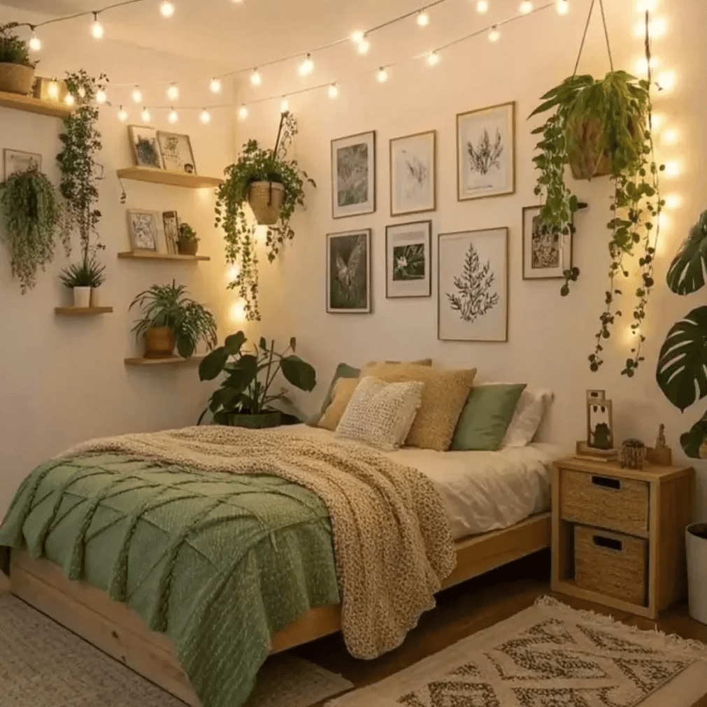 Warm bedroom with green bedding, soft string lights, and layered potted and hanging plants arranged around the bed for a cozy relaxing retreat