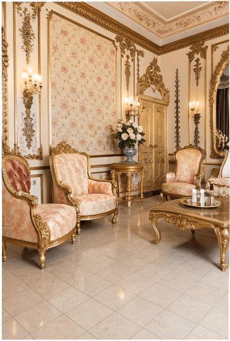 Elegant Rococo revival sitting room in soft pink and gold with ornate armchairs, carved coffee table, floral wall panels, and gilded moldings in a compact space