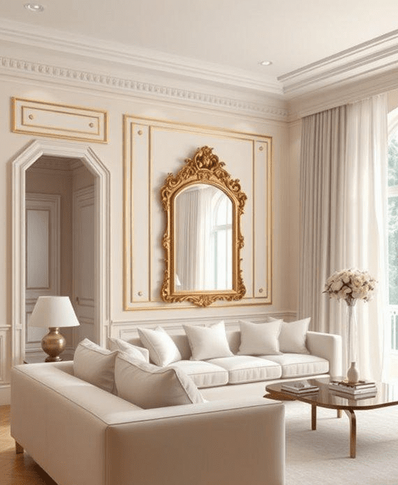 Light filled Rococo style living room with creamy white sofa, ornate gold framed mirror, and soft neutral walls with gold trim in a compact space