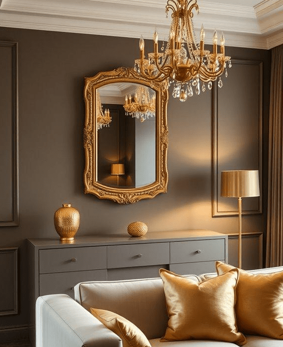 Elegant Rococo living room with dark taupe walls, ornate gold mirror, crystal chandelier, gray sideboard, and white sofa with gold accent pillows