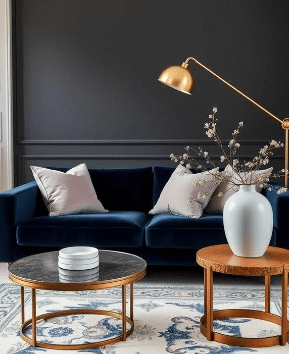 Dark charcoal living room with a navy velvet sofa, pale blush pillows, gold floor lamp, round marble and wood coffee tables, and a white vase with branches on a patterned rug