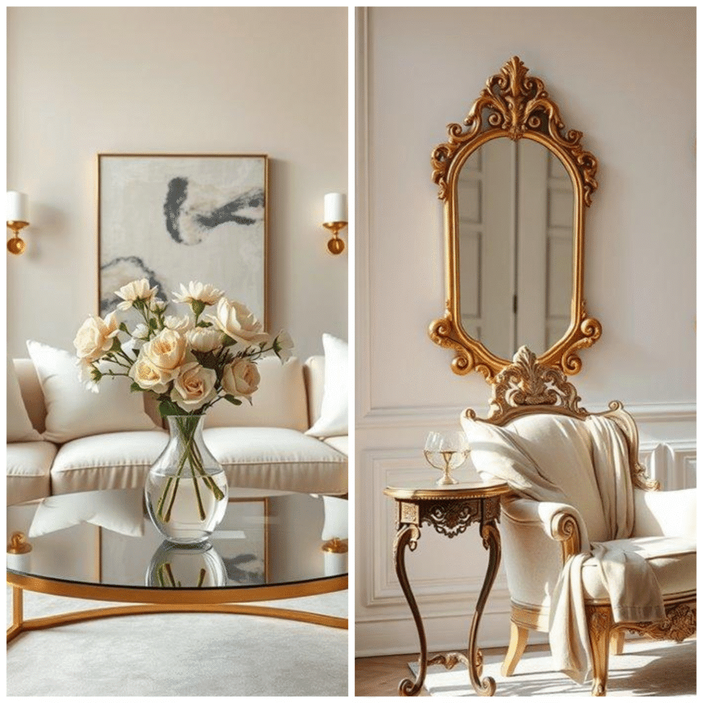 Split image of a pastel Rococo living room with a cream sofa and glass coffee table with gold frame and roses on the left, and an ornate gold framed mirror above an elegant cream armchair and carved side table on the right