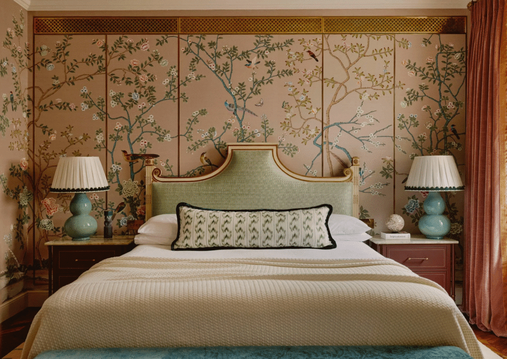 Elegant bedroom with a pale green upholstered antique headboard, floral chinoiserie wallpaper, teal ceramic lamps, and layered cream bedding.
