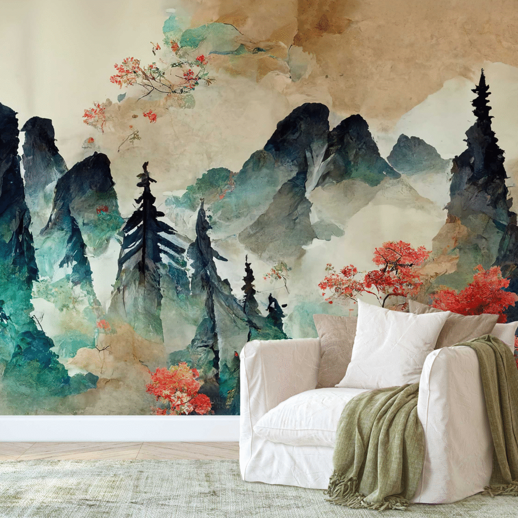 Cozy reading nook with a soft cream armchair and green throw in front of a large watercolor style wall mural of misty mountains, dark evergreen trees, and red flowering branches.