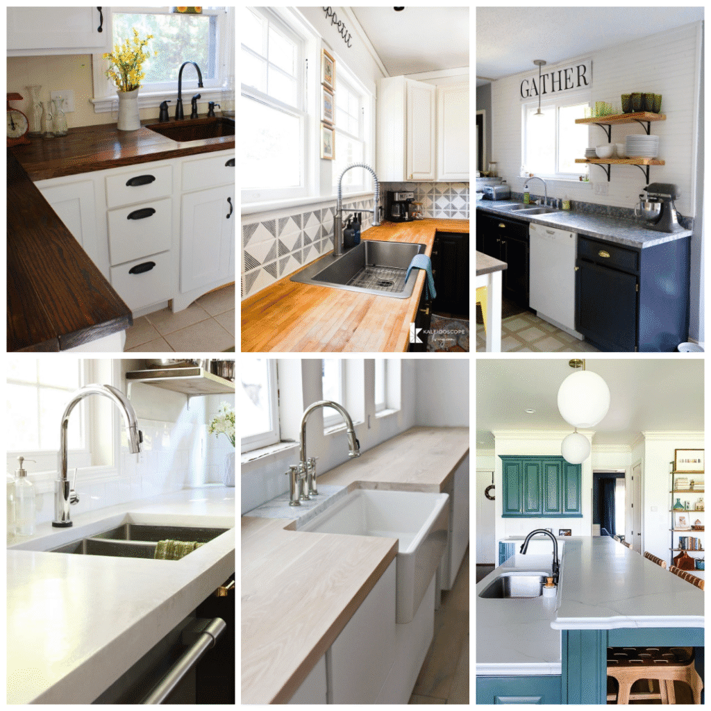 Collage of six kitchens showing different affordable countertop ideas, including dark and light butcher block, refreshed laminate, and simple white solid surface counters paired with various sinks and faucets.