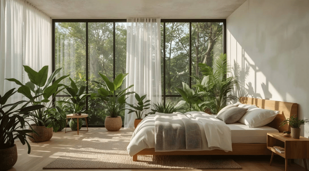 Sunlit master bedroom with floor to ceiling windows, sheer curtains, a wooden bed with white bedding, and lush potted plants creating a nature inspired retreat.