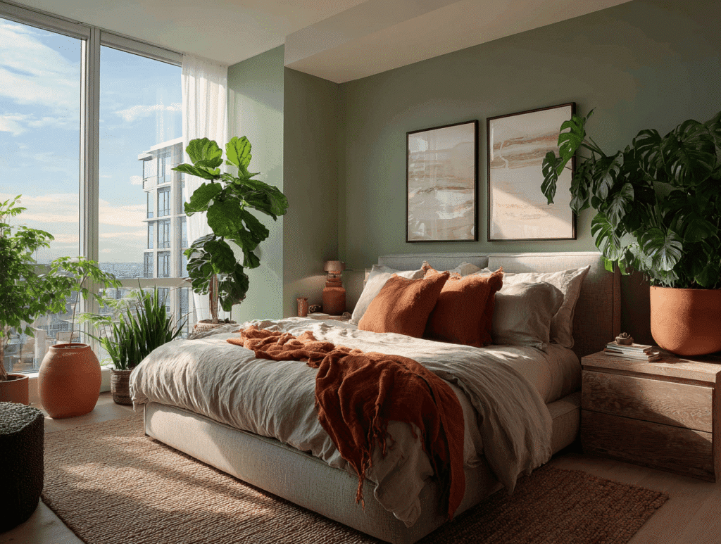 Sunlit modern master bedroom with sage green walls, a large city view window, a neutral upholstered bed with rust throw and pillows, framed art above the headboard, and large leafy plants on both sides.