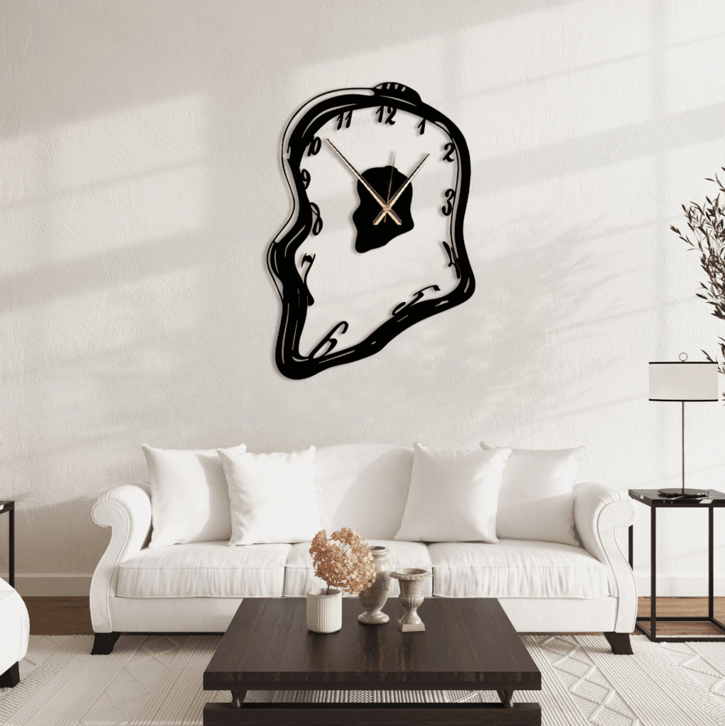Minimal living room with a white sofa and dark wood coffee table beneath a black and white melting wall clock, with soft daylight shadows on a textured wall.