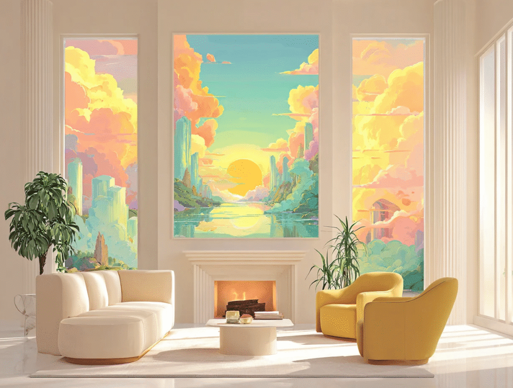 Sunlit living room with a curved white sofa, two mustard yellow lounge chairs, and a fireplace framed by three tall pastel fantasy mural panels.