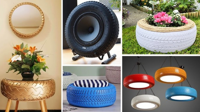 Collage of upcycled tire decor including a gold tire side table with flowers, a tire speaker, a painted tire planter, a striped tire ottoman, and colorful hanging tire lights.