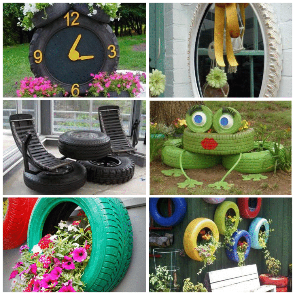 Collage of old tire decor ideas including a large tire clock planter in a garden, a painted tire mirror frame, tire based lounge chairs with a tire side table, a green frog made from stacked tires, and colorful tire planters used on walls and in flower beds.