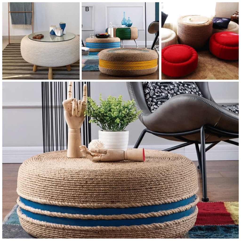 Collage of DIY tire furniture including a rope wrapped tire coffee table with a glass top, stacked tire ottomans with woven covers, colorful tire poufs, and a large braided tire ottoman with a blue band used as a low table.