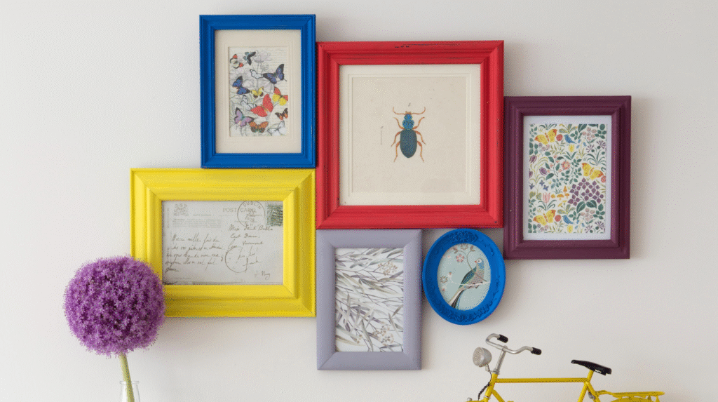 Colorful painted picture frames in blue, red, yellow, and purple arranged on a white wall, holding small art prints and postcards, with a purple flower in a vase and a yellow bicycle decor piece below.