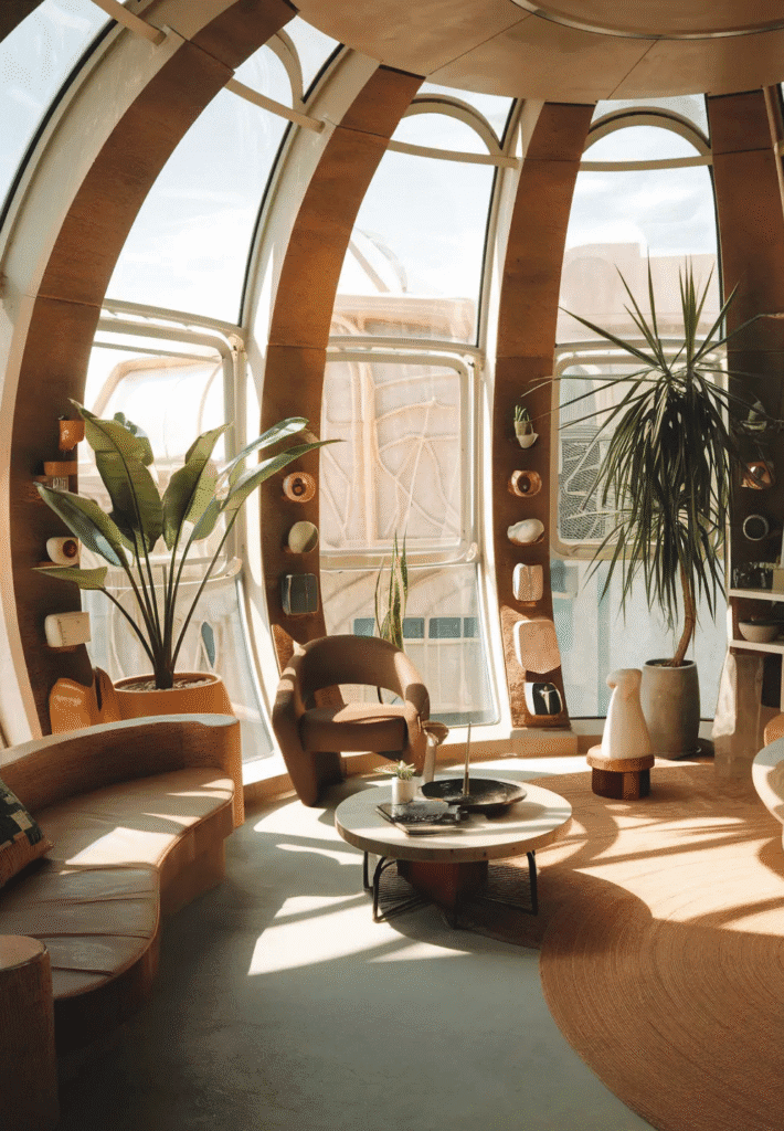 Sunlit solarpunk living room with tall arched windows, warm wood curves, indoor plants, a rounded chair, and a low coffee table with minimal decor.