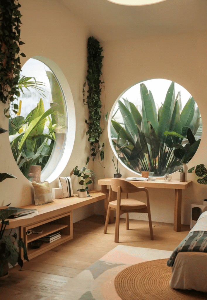 Sunlit solarpunk style room with two round windows, built in wood bench seating, a simple desk and chair, hanging vines, and large leafy plants outside the glass.