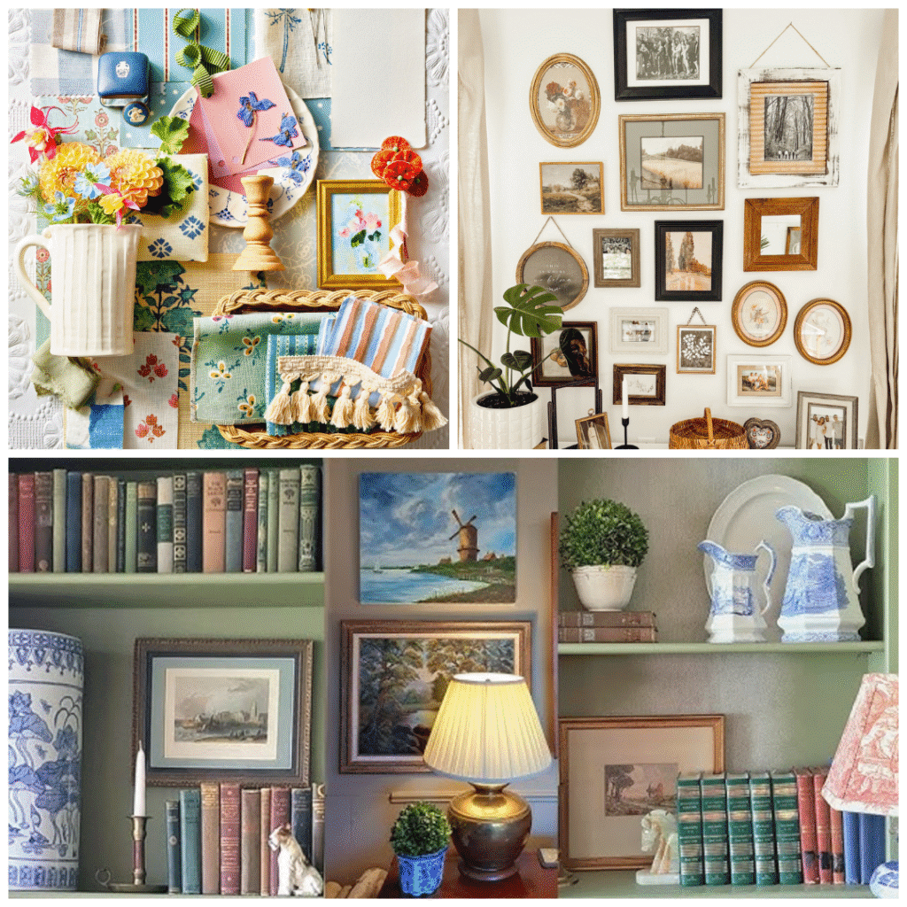 Collage showing cottagecore styling ideas: a colorful flat lay of vintage textiles, ribbon, flowers, and small framed art; a thrifted gallery wall with mismatched frames and oval portraits; and a cozy bookshelf vignette with books, blue and white pottery, lamps, and layered framed prints.