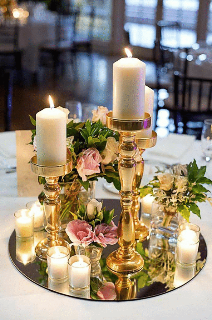 Tall gold candlesticks with lit white pillar candles sit on a round mirror tray surrounded by blush pink and white flowers, greenery, and glowing glass votive candles on a reception table.