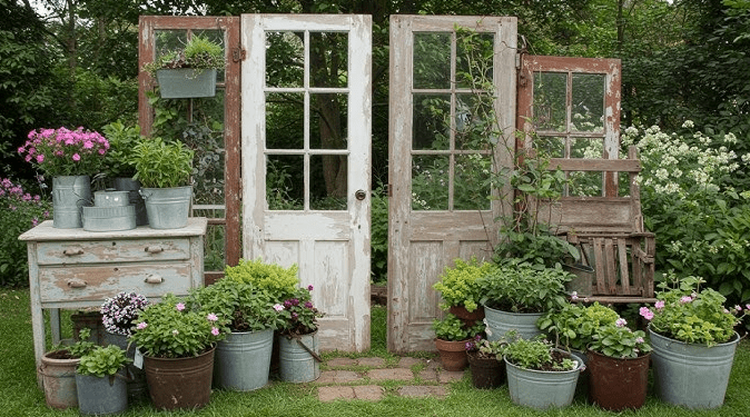 Rustic garden vignette with vintage glass pane doors, a weathered dresser, and galvanized pots overflowing with flowers and greenery.