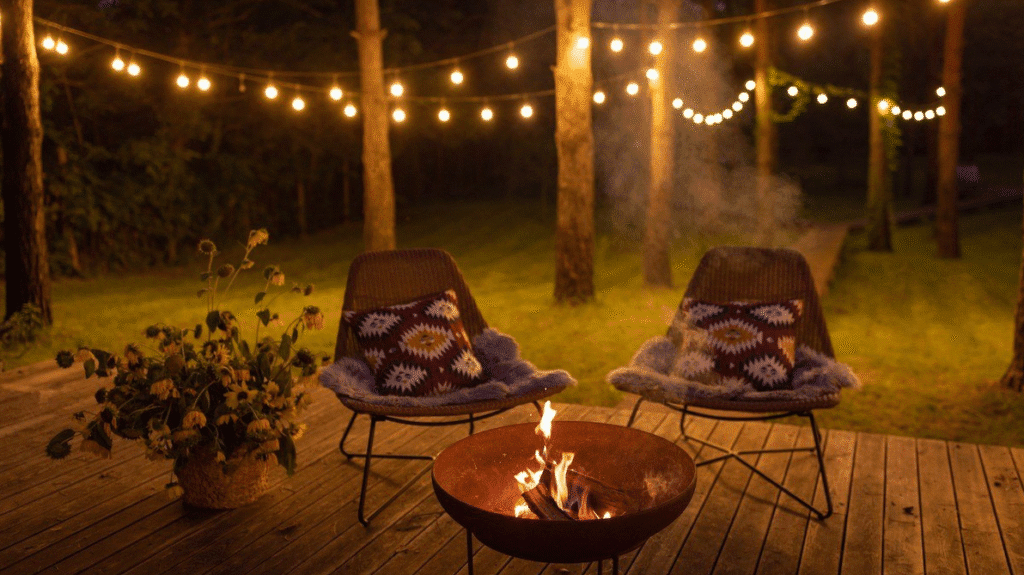 Cozy wooden deck at night with two cushioned chairs around a small fire pit and string lights glowing among the trees in a rustic garden.