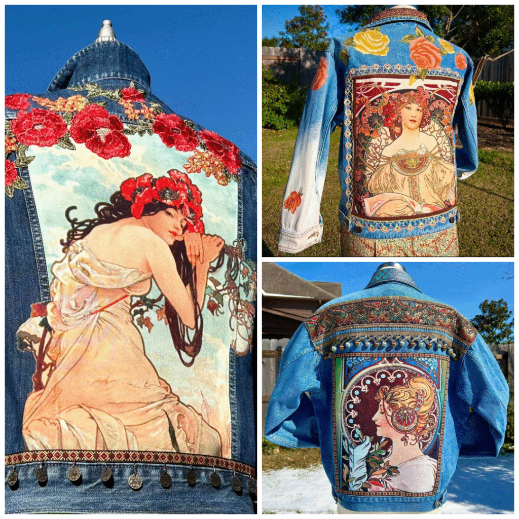 Three upcycled denim jackets with large art nouveau inspired printed panels, embroidered florals, and trim covering the backs, shown in a collage against outdoor backgrounds.