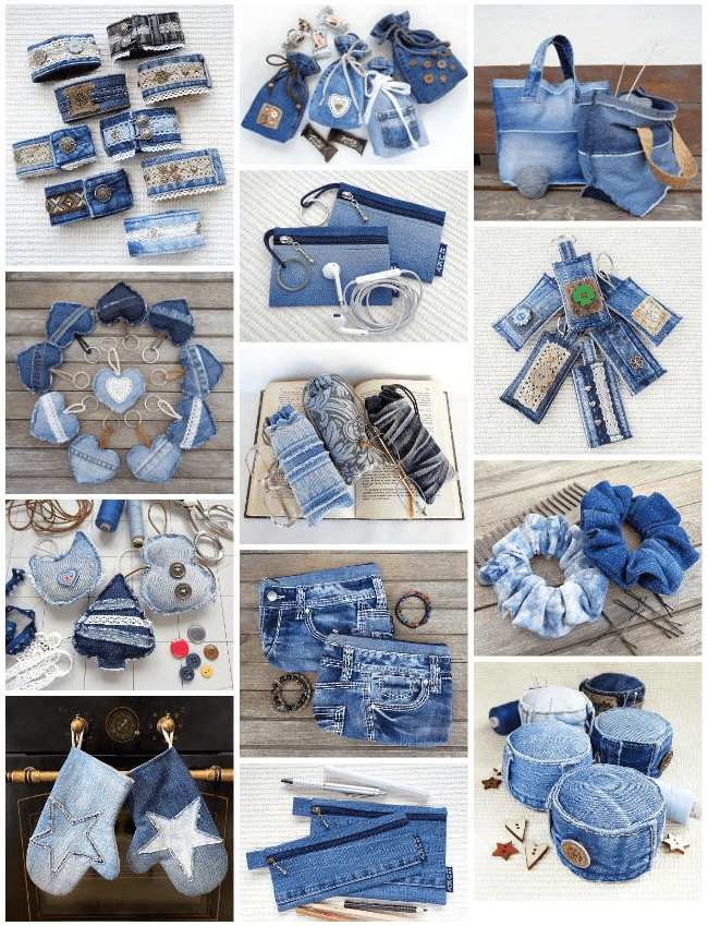 Collage of small handmade accessories created from denim scraps, including pouches, charms, scrunchies, cuffs, key fobs, ornaments, and mini bags arranged in neat grids.