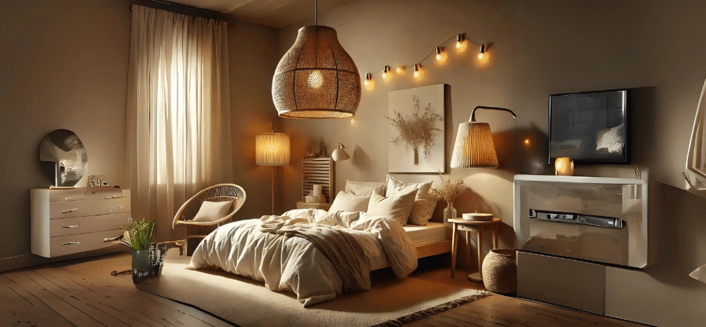 Warm bohemian bedroom with layered lamps, string lights, and a woven pendant casting soft golden light over a low bed with cozy neutral bedding.