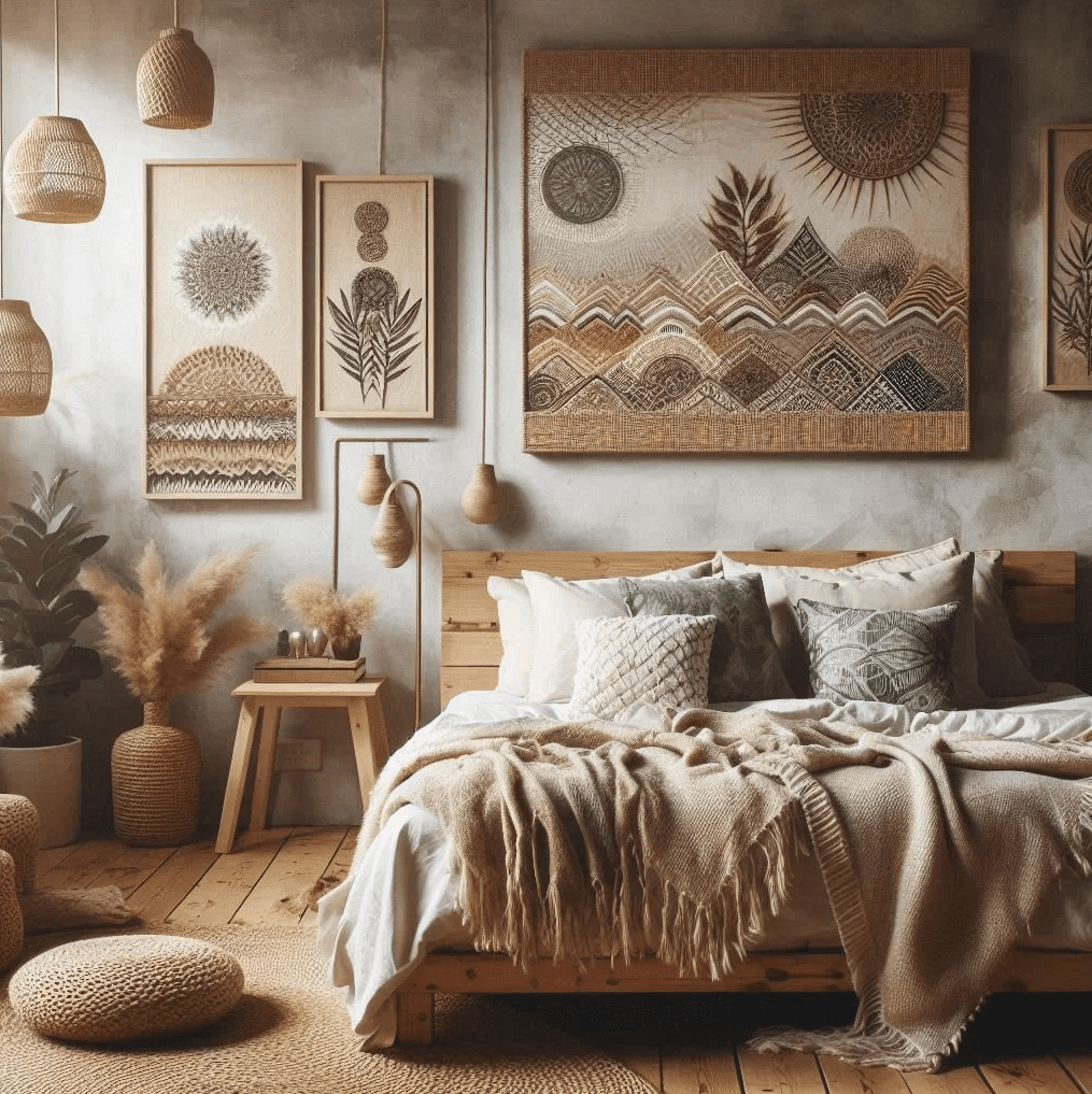 Cozy bohemian bedroom with layered neutral bedding, woven wall art, pampas grass, plants, and natural wood furniture creating a warm organic feel.