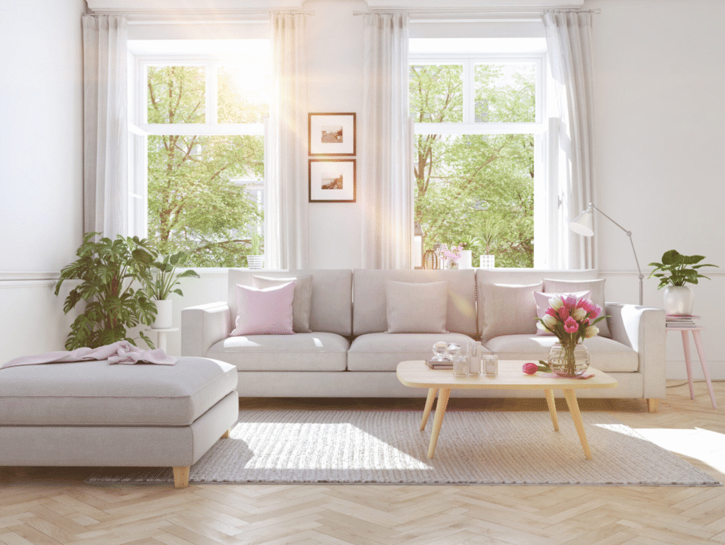 Bright airy living room with large windows, neutral sofa, soft pink accents, fresh flowers, and houseplants glowing in spring sunlight.