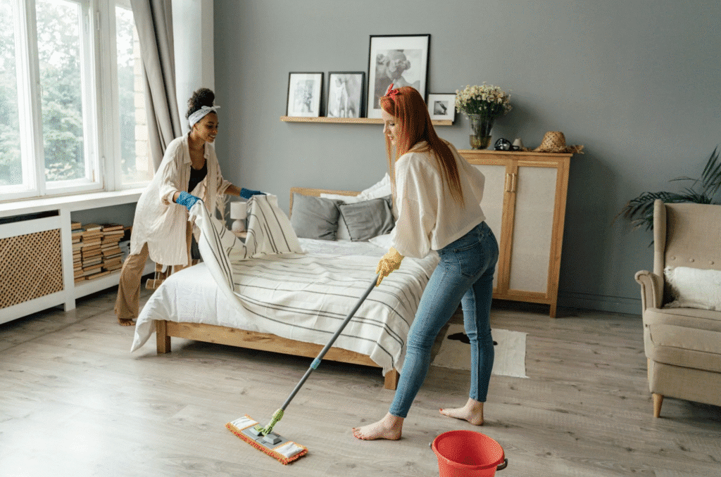 Two women spring cleaning a bright bedroom, one mopping the wood floor while the other straightens the bed.