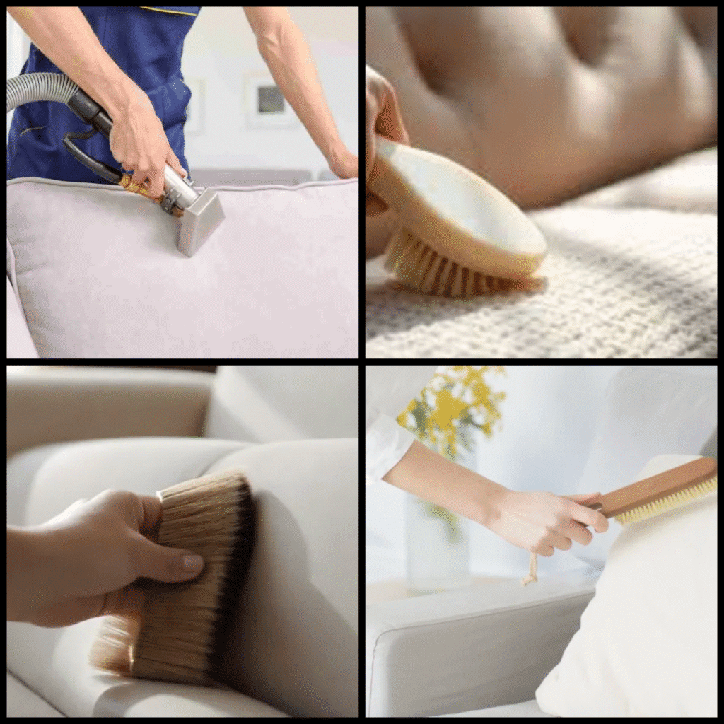 Collage of spring cleaning tasks showing a person vacuuming a fabric sofa and gently brushing upholstery and cushions with soft bristle brushes.