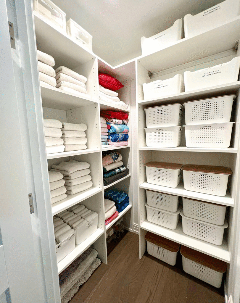 Bright walk in linen closet with white shelves, neatly folded towels in soft neutrals and pops of red and blue, and rows of labeled white baskets with wooden lids.