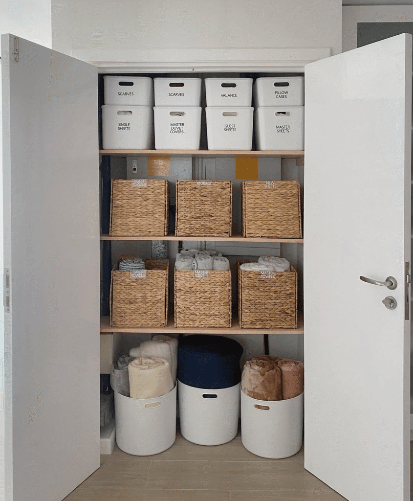 Neatly organized linen closet with white labeled bins on the top shelf, woven baskets filled with towels and bedding in the middle, and tall white containers holding rolled blankets on the bottom.