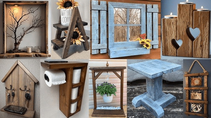 Collection of small rustic decor projects made from upcycled barn wood, including shelves, a mini ladder display, blue window style frame, candle holders, key rack, toilet paper holder, plant hanger, side table, and hanging wall art.