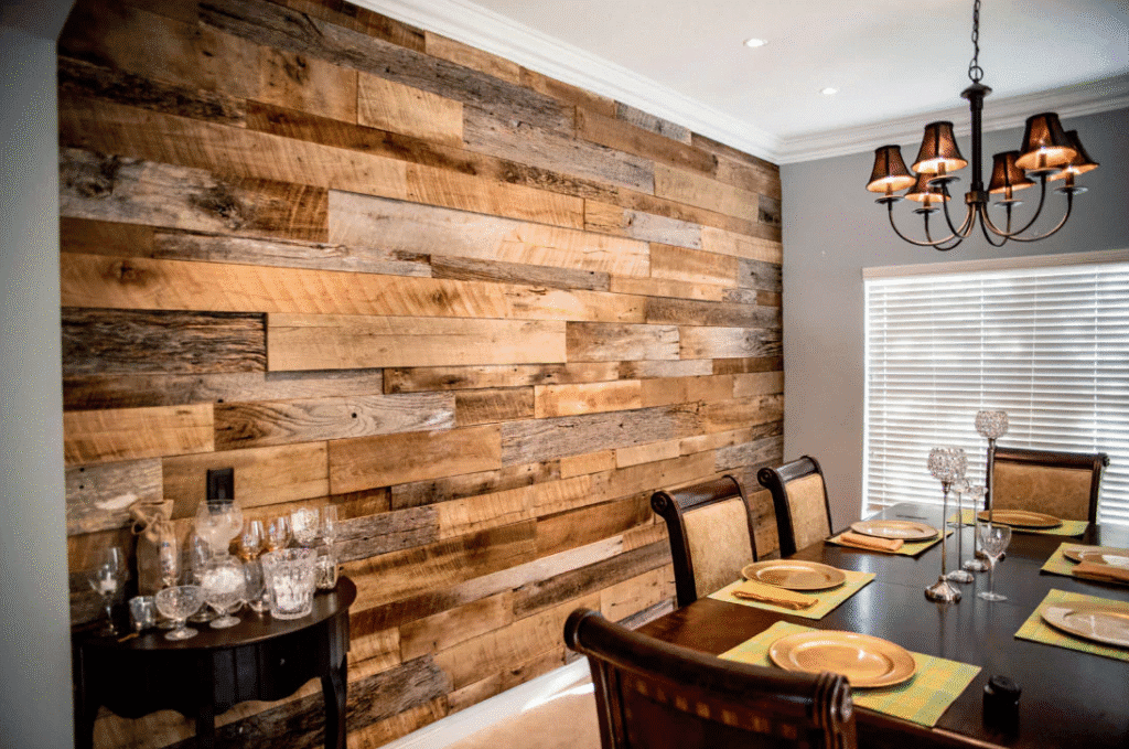 Cozy dining room with a reclaimed barn wood accent wall, dark wood table set with gold chargers, and a bronze chandelier.