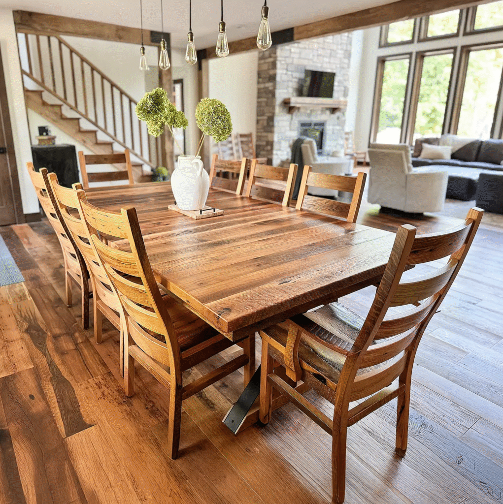 Handcrafted dining table and chairs made from reclaimed barn wood in a rustic open concept living and dining room.