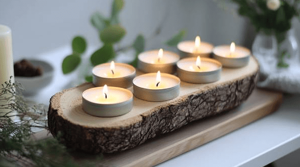 Small tea light candles glowing on a rustic wood slice candle holder made from a reclaimed log.