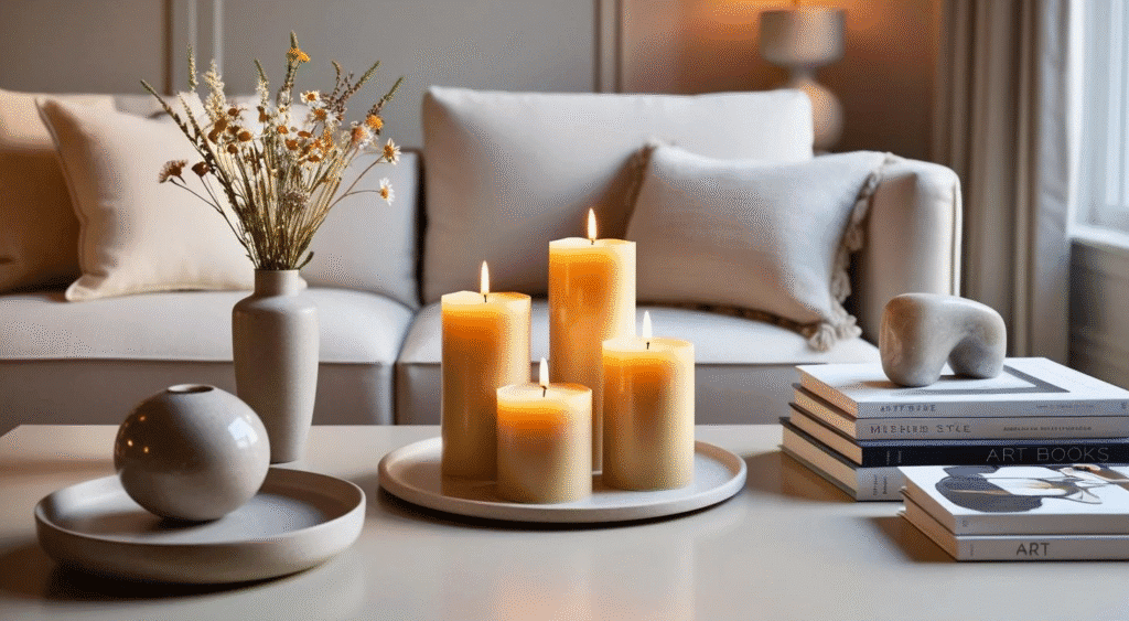 Bright airy living room with white sofas, pastel cushions, and a wooden coffee table styled with a round wood tray holding eco friendly pillar candles and a simple ceramic jug of spring flowers.