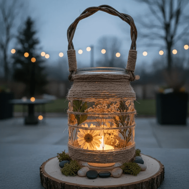 Upcycled glass jar lantern wrapped in twine with pressed flowers and a glowing candle, sitting on a wood slice with stones and moss on an outdoor table at dusk.