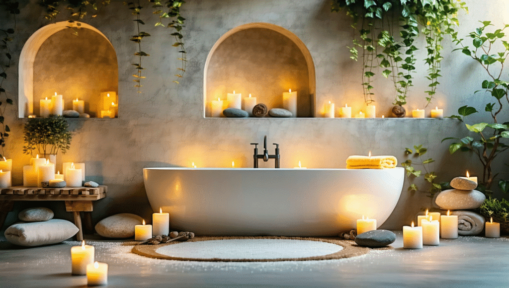 Spa like bathroom with a freestanding white tub surrounded by many glowing pillar candles, hanging plants, and smooth stones against a concrete wall.
