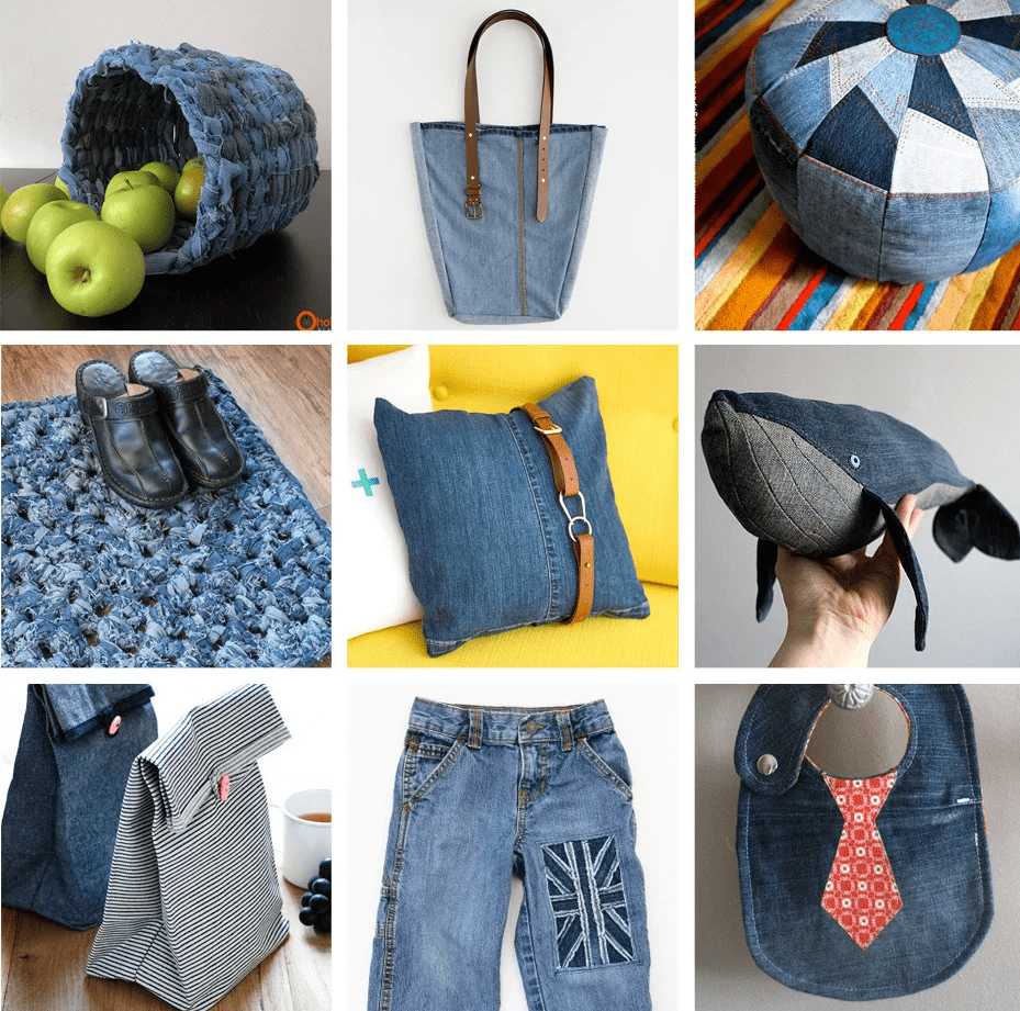 Collage of creative DIY projects made from old denim jeans including a woven basket with apples, tote bag, floor pouf, rug, pillow with belt strap, stuffed whale toy, reusable lunch bags, patched jeans, and baby bib.