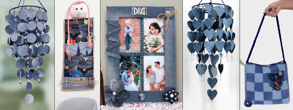 Row of creative upcycled denim projects including a circular denim chandelier, wall organizer made from jean pockets, denim covered photo frame, heart shaped denim mobile, and a patchwork tote bag.