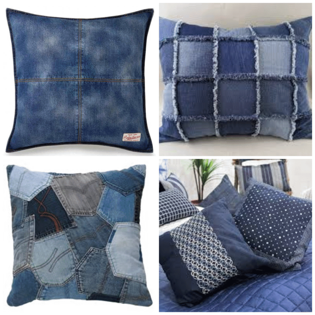 Collage of cozy throw pillows made from upcycled denim, including simple stitched squares, shaggy patchwork, mixed wash patchwork, and decorative navy cushions on a bed.