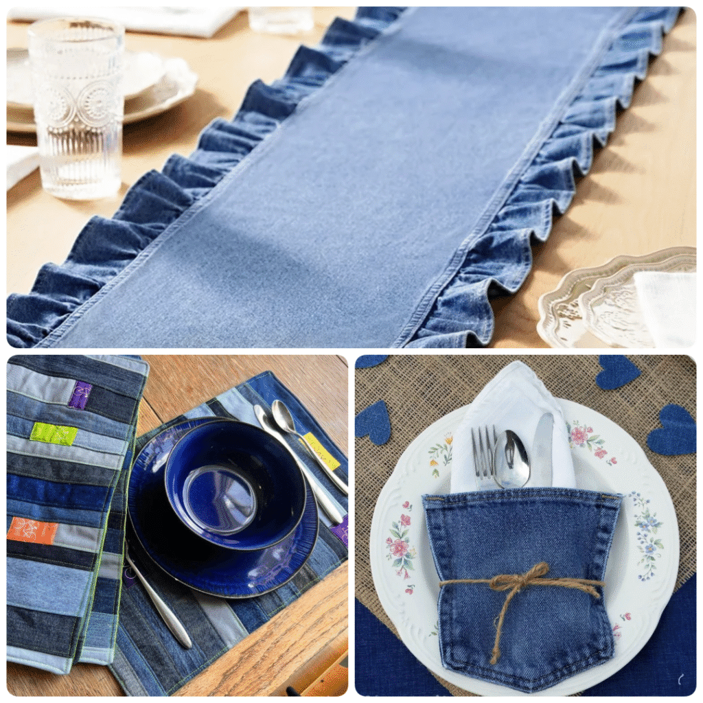 Collage of do it yourself denim table decor showing a ruffled blue jeans table runner, patchwork denim placemats under dishes and cutlery, and a plate with silverware tucked into a pocket made from jeans fabric.